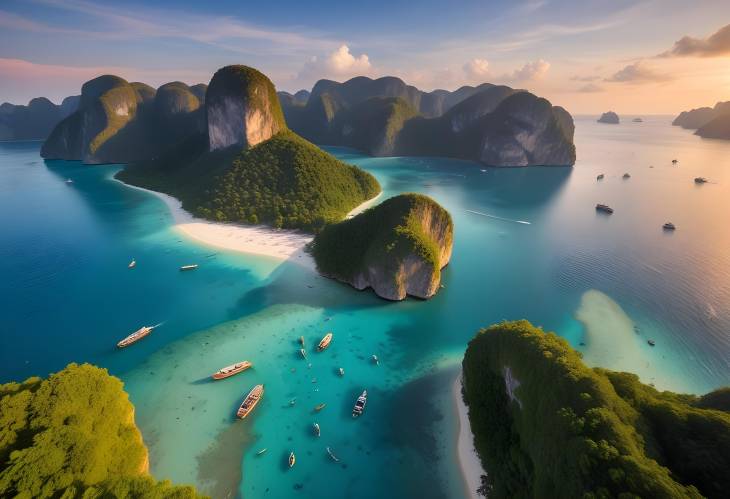 Phi Phi Leh Sunset Over Maya Bay and Pileh Lagoon, Aerial Island View