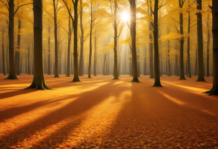 Picturesque Autumn Forest with Golden Leaves on the Ground and Soft Sunlight Filtering Through