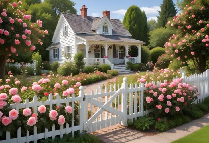 Picturesque Cottage Garden with Roses, Winding Paths, and Classic White Fence