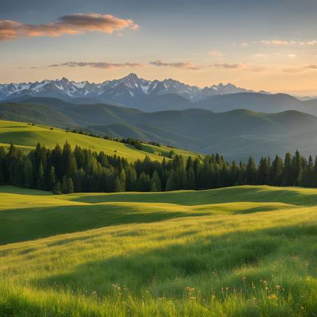 Picturesque Green Meadow with Majestic Mountain Range  Natures Serenity