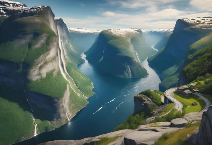 Picturesque View of Sunnylvsfjorden Fjord and Seven Sisters Waterfalls, Norway