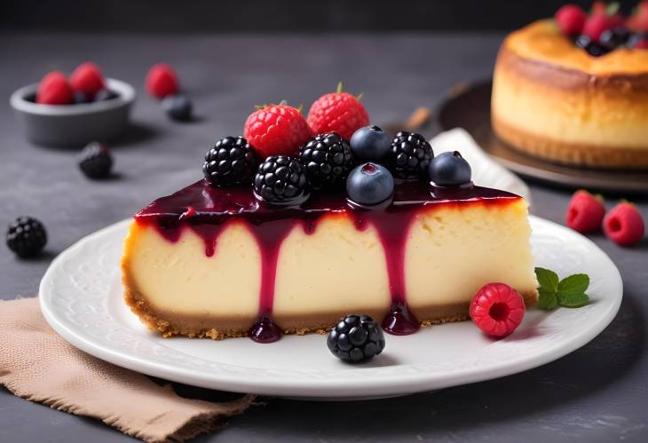 Piece of Basque cheesecake with berries, a popular and rich burnt San Sebastian dessert