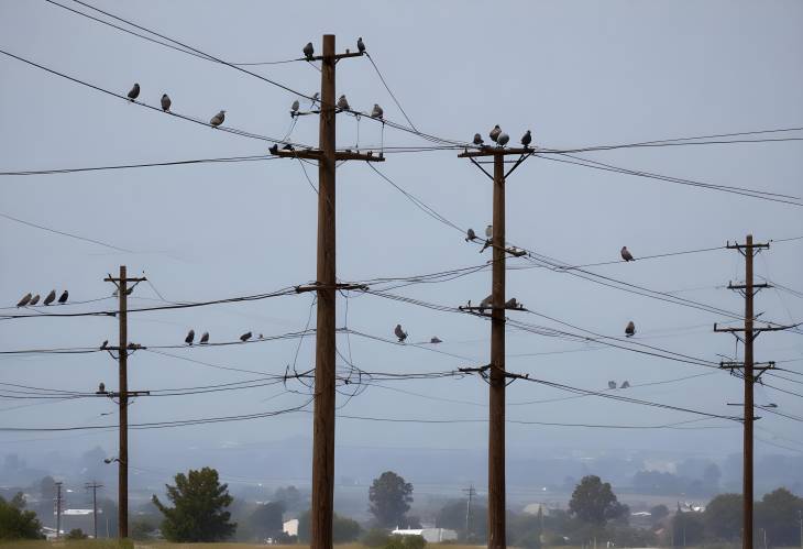 Pigeons Aligned on Power Lines Birds Perched in Urban Setting