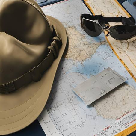 Pilot Equipment Close Up Flight Log, Hat, Weather Map, and Preflight Documents on Cockpit Table