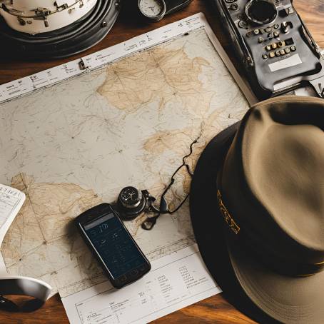 Pilot Equipment Close Up Flight Log, Hat, Weather Map, and Preflight Paperwork on Desk