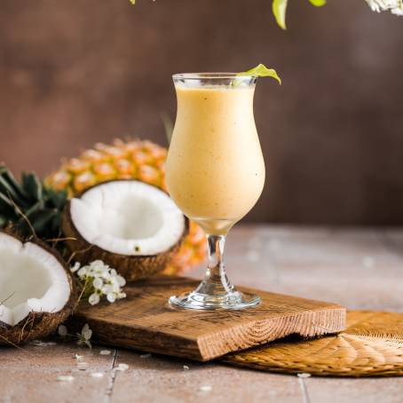 Pineapple Juice and Leaf Shadow on Wooden Surface