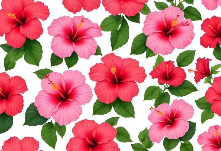 Pink and Red Hibiscus Blooms Tropical Set on White Canvas