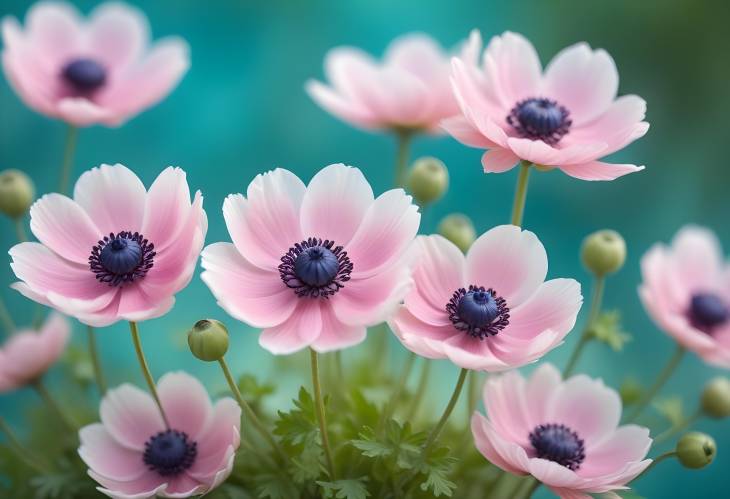 Pink Anemone Blossoms on Turquoise Background in Springtime