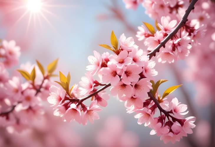 Pink Flowers and Sunlight on Blossoming Tree Branch in Spring