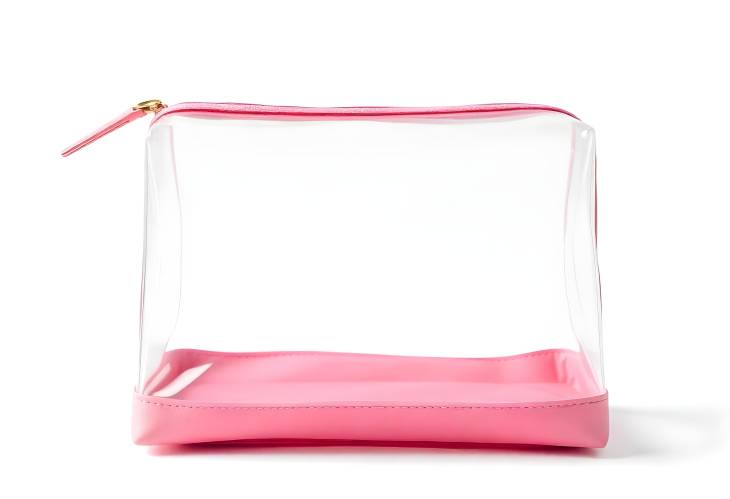 Pink Leather and Transparent Cosmetic Bag on White Background Essential Beauty Accessory