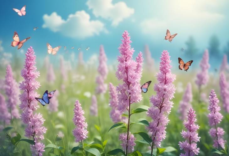 Pink Lilac Flowers and Butterflies in Blue Sky Spring Meadow