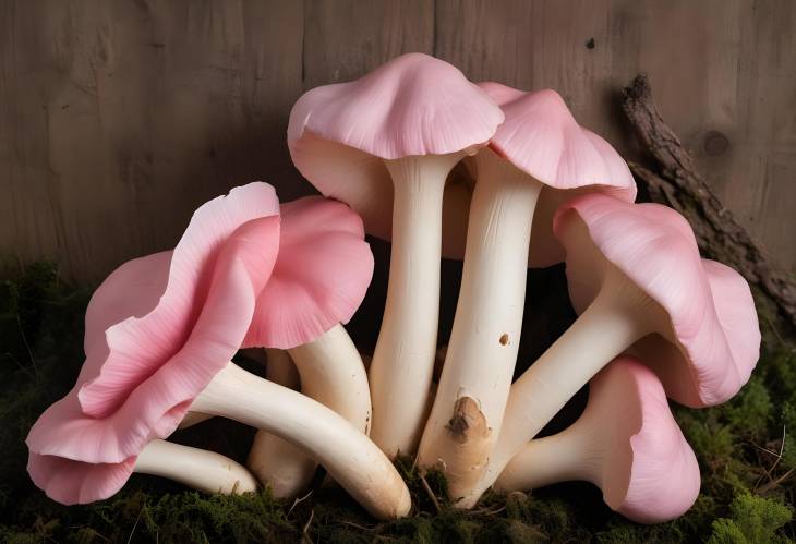 Pink Oyster Mushrooms with Offset Collection on Dark Wood Surface