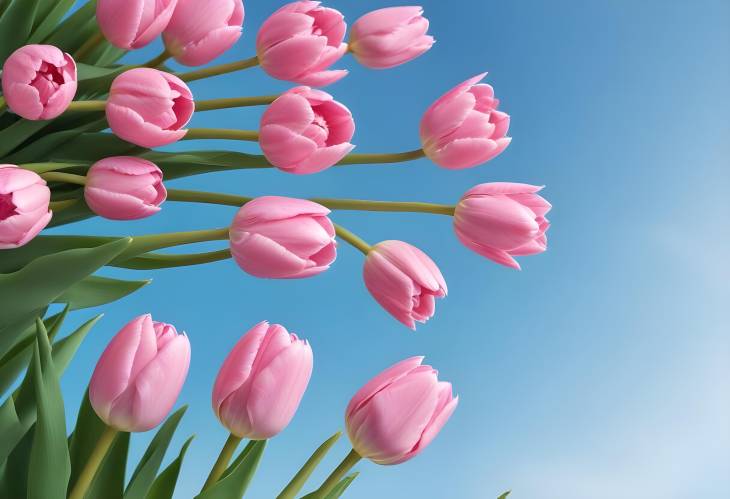 Pink Tulips in Bloom Spring Flowers and Blue Sky Banner