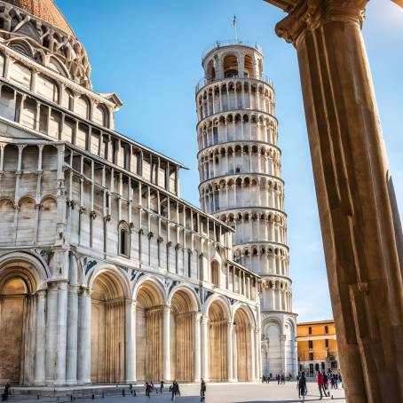 Pisa Leaning Tower and Cathedral on a Beautiful Sunny Day