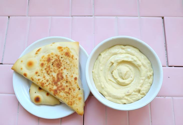 Pita and Hummus on Pale Pink Tiled Surface