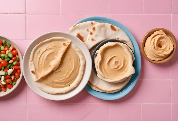 Pita Bread and Hummus on Light Pink Background