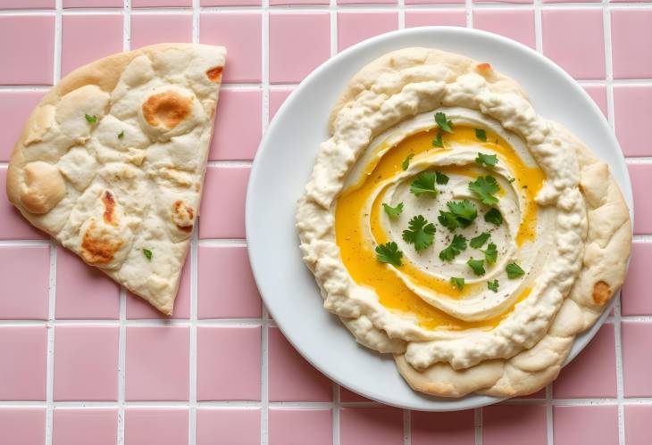 Pita Bread and Hummus on Pink Tiled Countertop