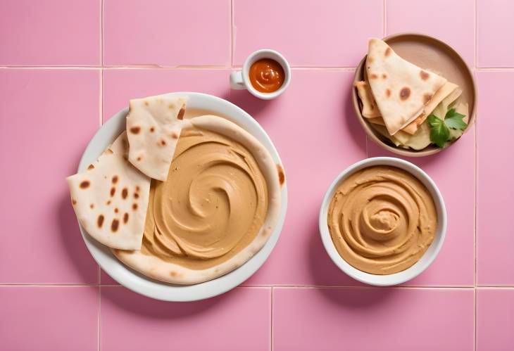 Pita Bread with Hummus on Light Pink Tile