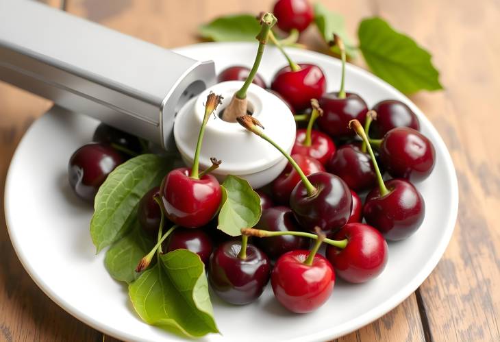 Pitting Fresh Cherries on White Plate with Cherry Pitter Perfect for Baking or Snacking