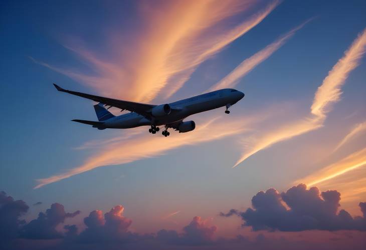 Plane Against Blue Sunset Sky and Setting Sun