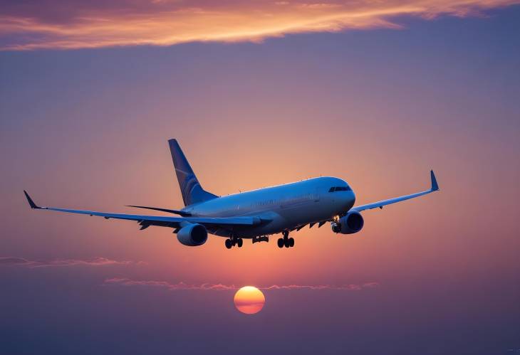 Plane and Setting Sun with Blue Sunset Sky Background