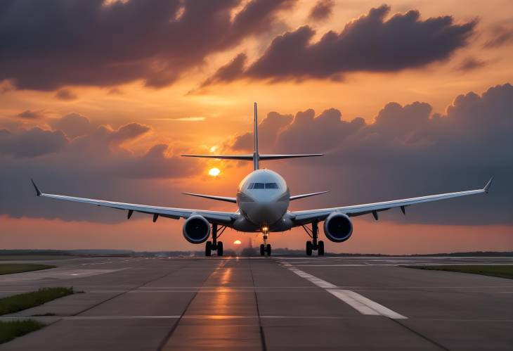 Plane in Flight at Sunset with Cloudy Skies