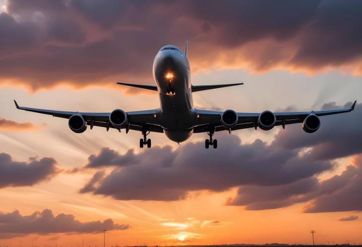 Plane Taking Off at Sunset with Cloudy Sky