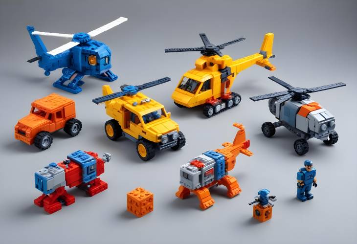 Plastic Block Creations Helicopter, Airplane, Locomotive, and Robot Models Isolated on White Back