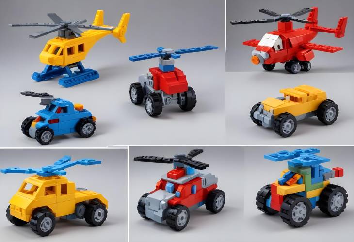 Plastic Block Models Helicopter, Airplane, Train Locomotive, and Robot on White Background