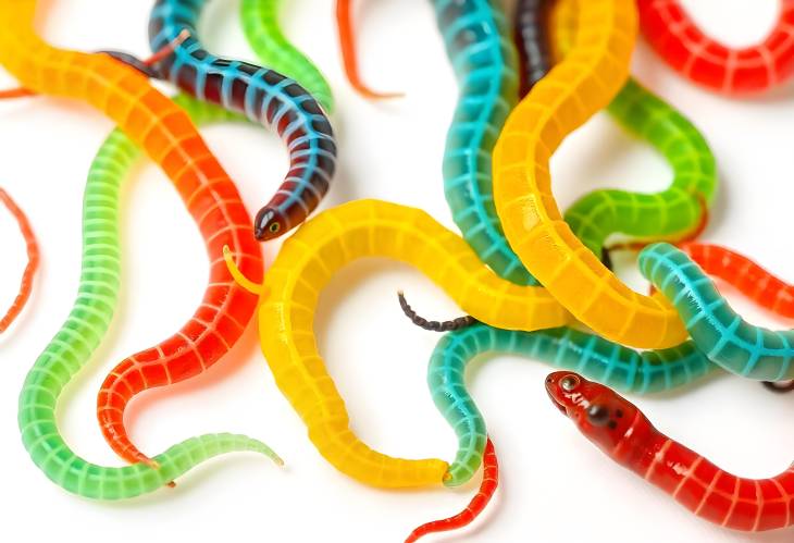 Playful Colorful Jelly Worms and Snakes Isolated on Clean White Background