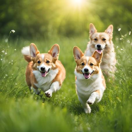 Playful Corgi and Two Cats Running Across Sunny Green Grass in a Vibrant Summer Meadow