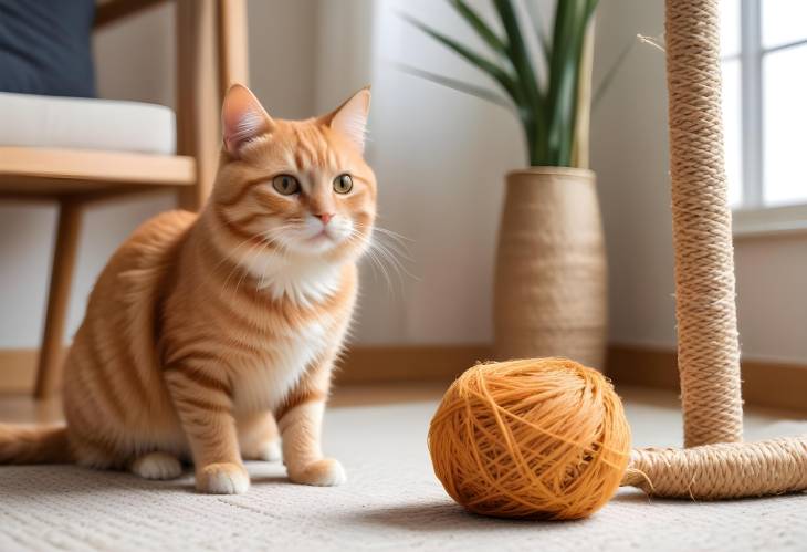 Playful Ginger Cat with Sisal Toy at Home, Adorable Pet Fun