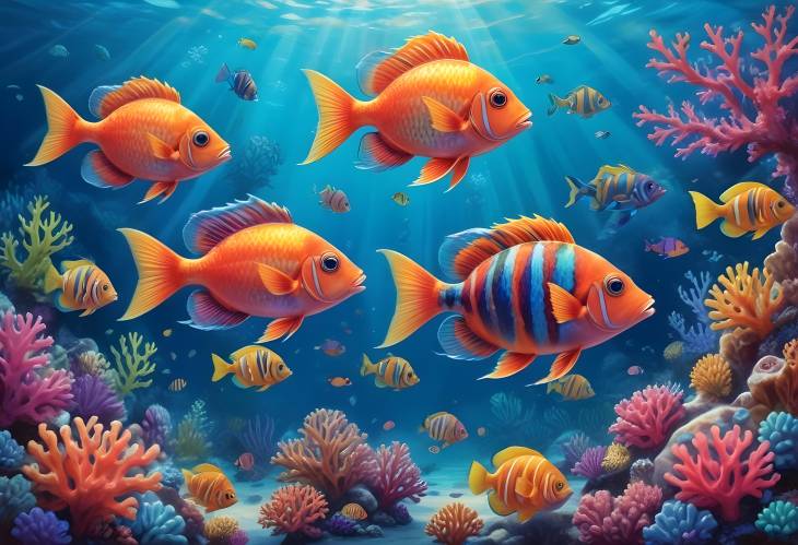 Playful Underwater Scene with Brightly Colored Fish, Stunning Coral Reefs, and Lively Marine Life