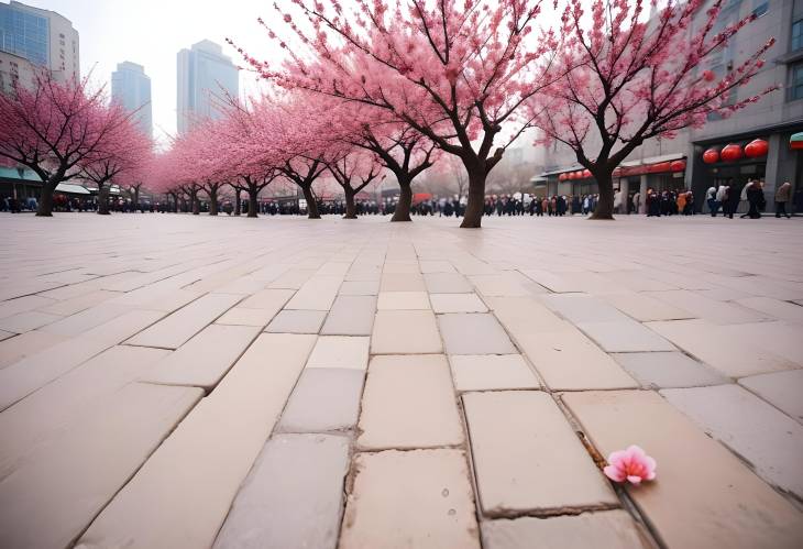 Plum Blossoms Enhancing a City Square A Beautiful Urban Landscape