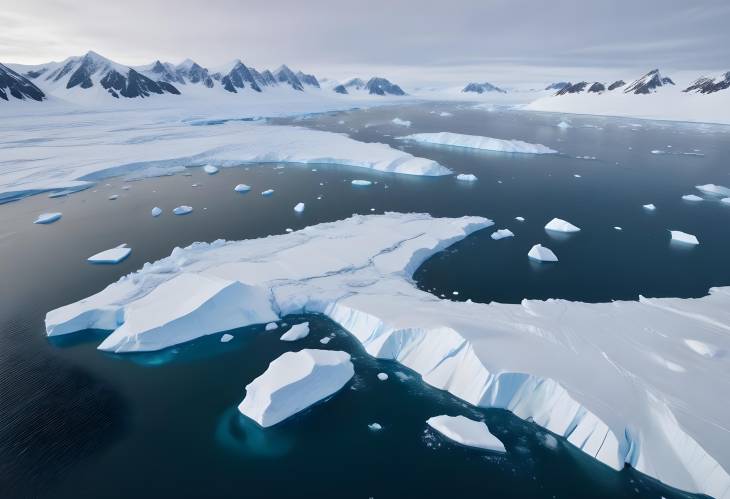 Polar Ocean and Crashed Ice Antarctic Coastline with Melting Icebergs and Winter Glacier