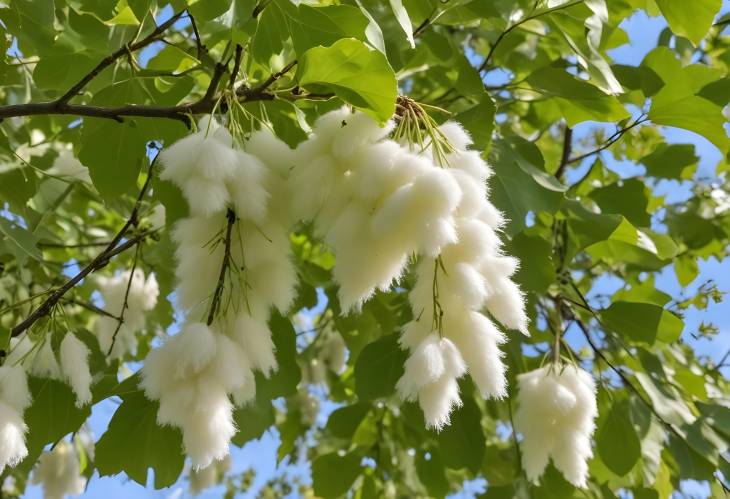 Poplar Fluff on Tree Branches and Leaves, Soft Seeds, Spring Time, Natural Flora, Poplar Seed