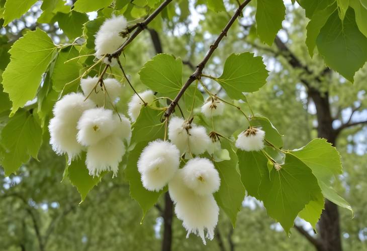 Poplar Fluff on Tree Leaves and Branches, Spring Seed Spread, Botanical Close Up, Natural Flora