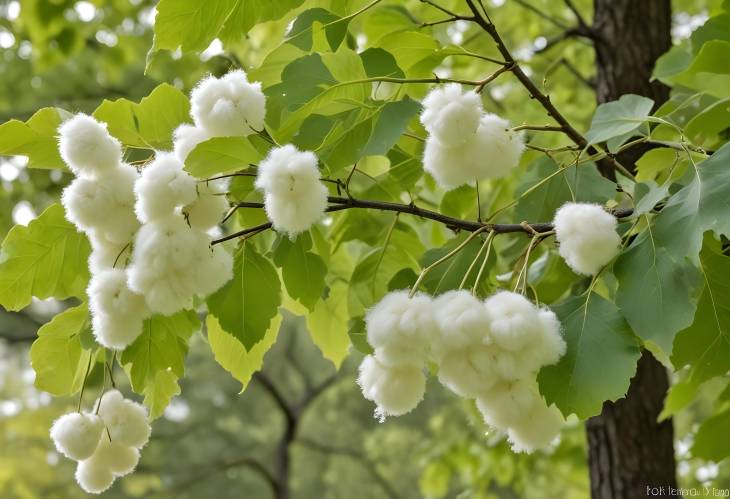 Poplar Tree Fluff on Leaves and Branches, Spring Seed Dispersal, Botanical Details, Natures Soft Se