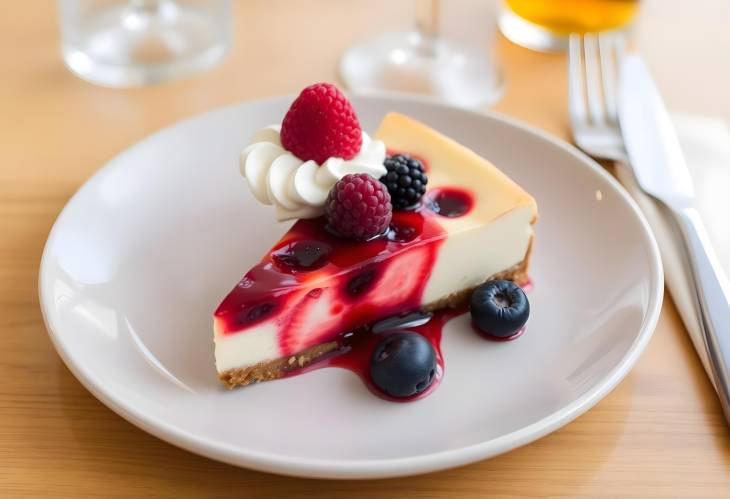 Popular Basque burnt cheesecake slice with berries, a delicious and rich San Sebastian dessert