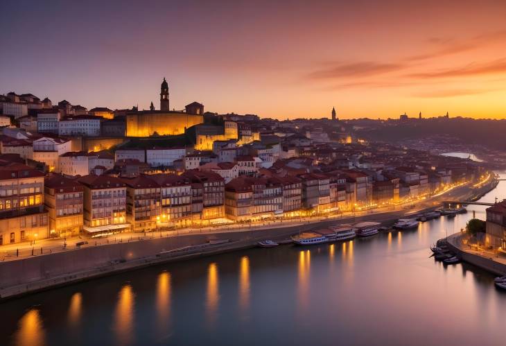 Portos Hilltop View at Sunset Old Town and Douro River in Portugals Evening Glow