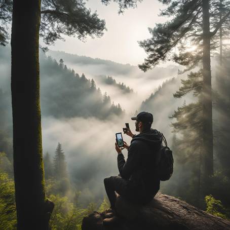 Portrait of Adventure Man Capturing Foggy Scenes