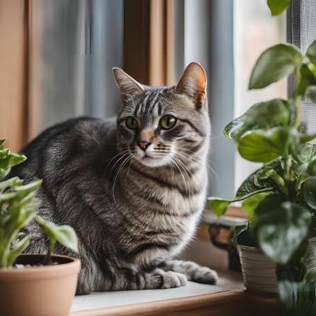 Portrait of Gray Striped Cat by Window Close Up with Houseplants