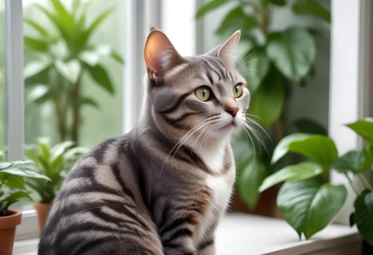 Portrait of Gray Striped Cat with Houseplants by Window Sill