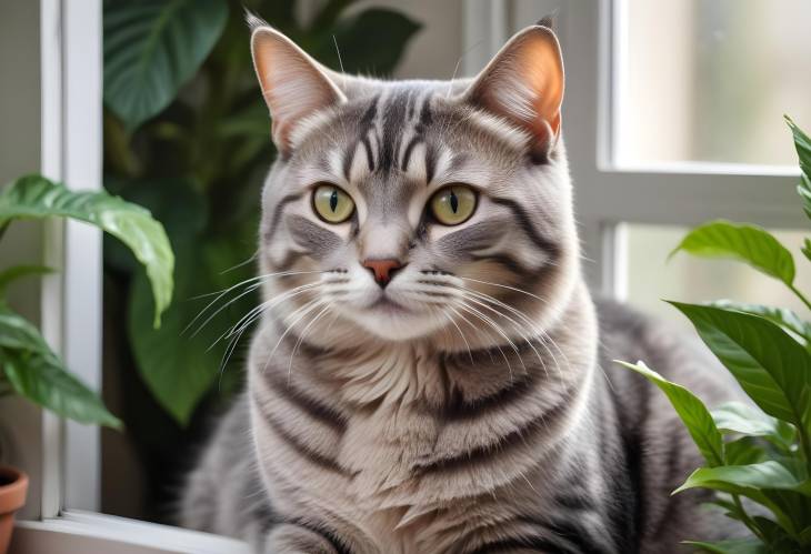 Portrait of Striped Domestic Cat with Houseplants by Window