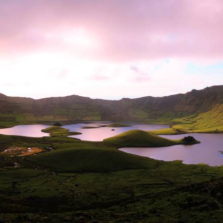 Portugals Azores Sunset Over a Green Volcano Crater and Tranquil Lake