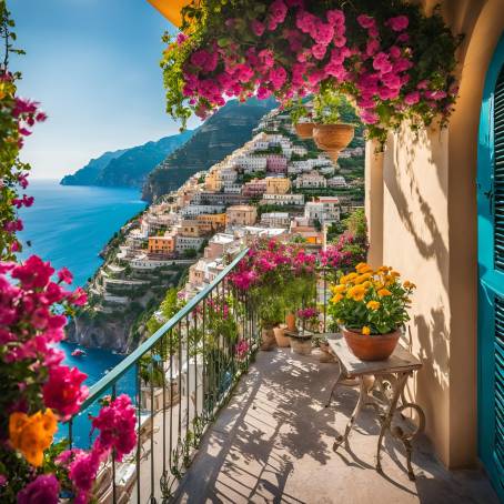 Positano from a Flower Adorned Balcony A Stunning Amalfi Coast View