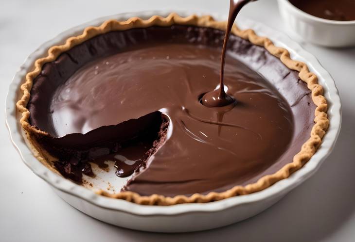 Pouring Melted Chocolate into a Crisp Pie Base for a Decadent Homemade Chocolate Pie