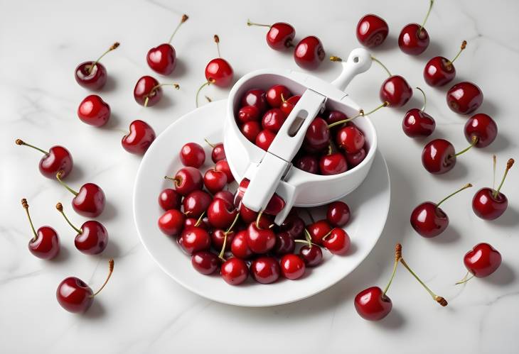 Preparing Fresh Cherries on a White Plate with Cherry Pitter A Kitchen Essential