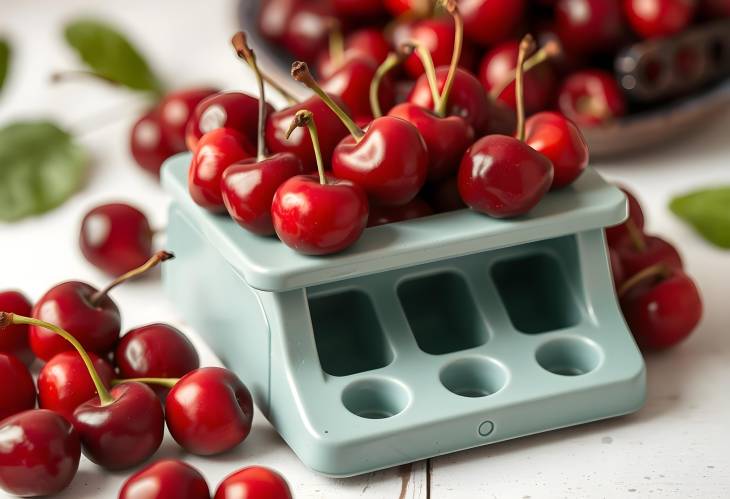 Preparing Fresh Cherries with a Cherry Pitter on White Plate A Kitchen Essential