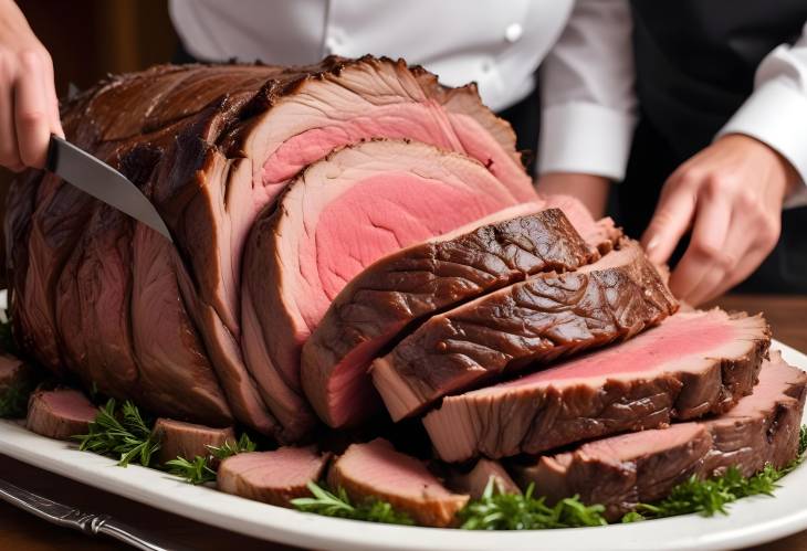 Prime Rib Roast Carving CloseUp of Juicy Beef Slices Ready for Dinner